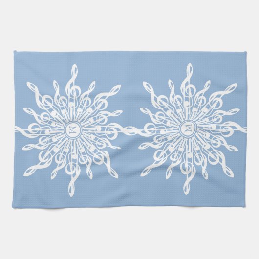 Winter Blauw Ornamental Monogram G-Clef Sneeuwvlok Theedoek (Horizontaal)