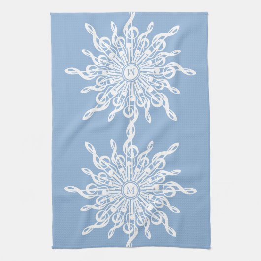 Winter Blauw Ornamental Monogram G-Clef Sneeuwvlok Theedoek (Verticaal)