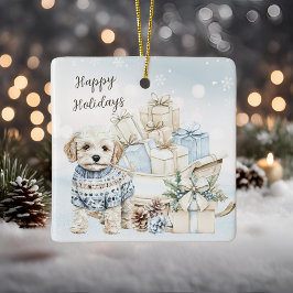 Winter Blauw Wit Puppy Waterverf Prettige feestdag Keramisch Ornament