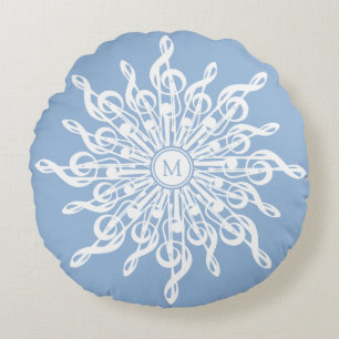 Winter Blauw Wit Sneeuwvlok Muzieknoten Monogram Rond Kussen