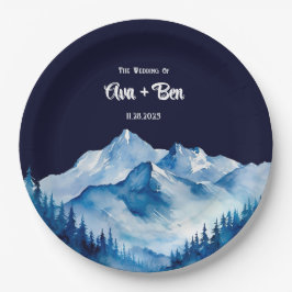 Winter Blauw Witte Snowy Mountains Wedding Papieren Bordje