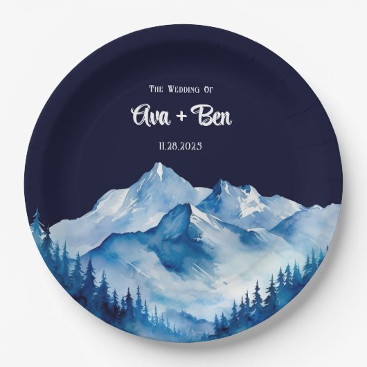 Winter Blauw Witte Snowy Mountains Wedding Papieren Bordje (Voorkant)