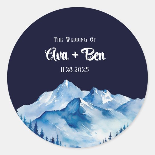 Winter Blauw Witte Snowy Mountains Wedding Ronde Sticker (Voorkant)