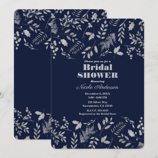 Winter Blauw Zilver Bladeren Botanisch Vrijgezelle Kaart (Voorkant / Achterkant)