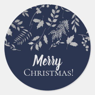 Winter Blauw & Zilveren Bladeren Botanische Feestd Ronde Sticker