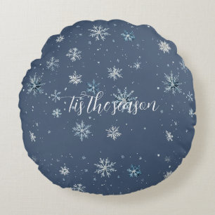 Winter Blauw Zilveren Sneeuwvlokken Kerstmis Rond Kussen