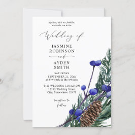 Winter Blauwe bessen en Pine Greenery Wedding Kaart