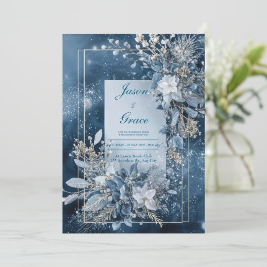 Winter Blauwe Bloemen Huwelijksuitnodiging Kaart (Staand voorkant)