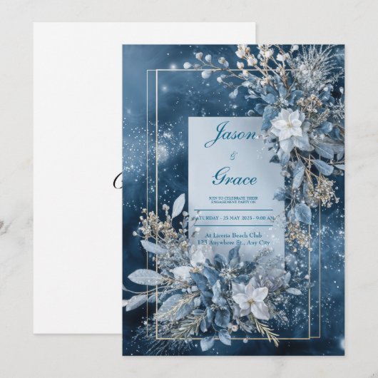 Winter Blauwe Bloemen Huwelijksuitnodiging Kaart (Voorkant / Achterkant)