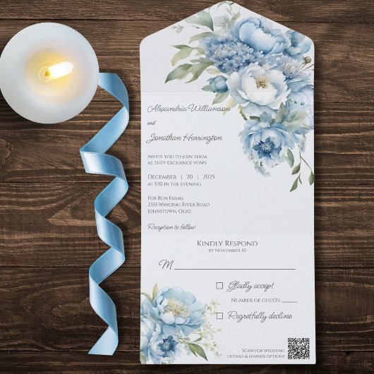 Winter Blauwe Bloemen QR Code All In One Uitnodiging
