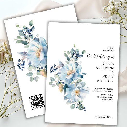 Winter Blauwe Bloemen QR Code Huwelijksuitnodiging Kaart