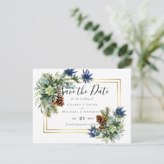 Winter Blauwe Distel Eucalyptus Trouw Wonderland Briefkaart (Staand voorkant)