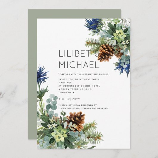 Winter Blauwe Distel Eucalyptus Trouw Wonderland Kaart (Voorkant / Achterkant)