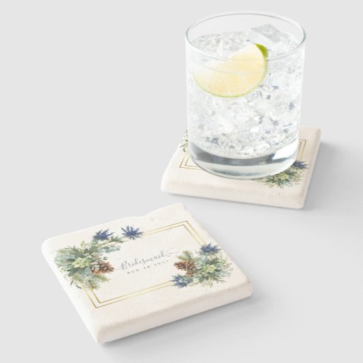 Winter Blauwe Distel Eucalyptus Trouw Wonderland Stenen Onderzetter (Zijkant)