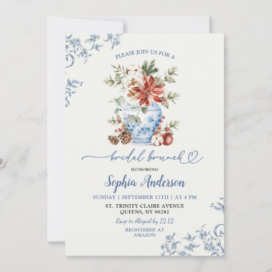 Winter Blauwe Gemberpot Chinoiserie Bruids Brunch Kaart (Voorkant)