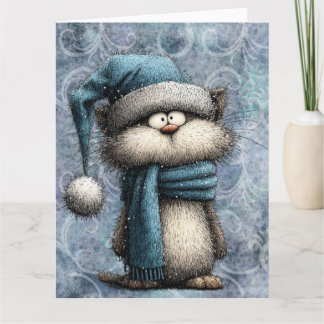 Winter Blauwe Kerstkat Met Hoed En Sjaal Kaart