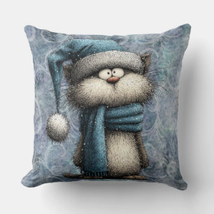 Winter Blauwe Kerstkat Met Hoed En Sjaal Kussen