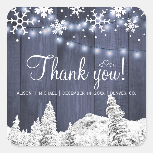 Winter blauwe schuur hout string lichten rustieke  vierkante sticker (Voorkant)