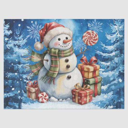 Winter Blauwe Sneeuwman & Kerstcadeaus Tissuepapier (Voorkant)