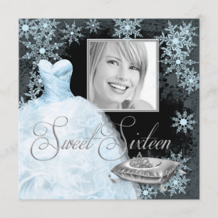 Winter Blauwe Sneeuwvlok Foto Sweet Sixteen Feest Kaart