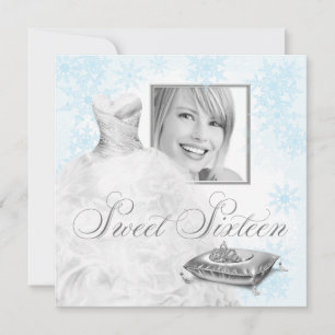 Winter Blauwe Sneeuwvlok Foto Sweet Sixteen Feest Kaart