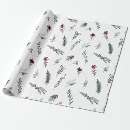 Winter Blauwe Spar & Gestoofde Bessen Wit Cadeaupapier