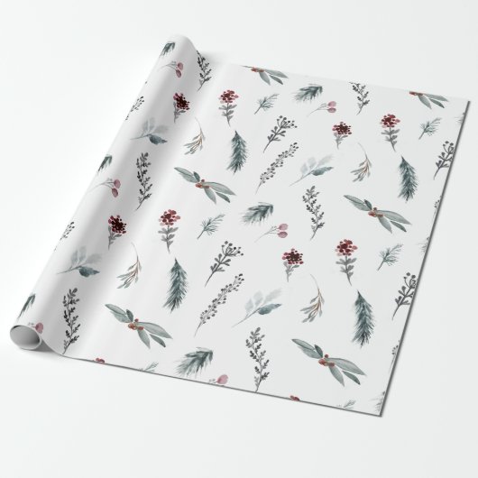 Winter Blauwe Spar & Gestoofde Bessen Wit Cadeaupapier (Uitgerold)