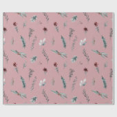 Winter Blauwe Spar & Gewarmde Bessen Stof Roze Cadeaupapier (Vlak)