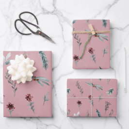 Winter Blauwe Spar & Gewarmde Bessen Stof Roze Inpakpapier Vel