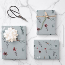 Winter Blauwe Spar & Gewürgde Bessen Salie Groen Inpakpapier Vel