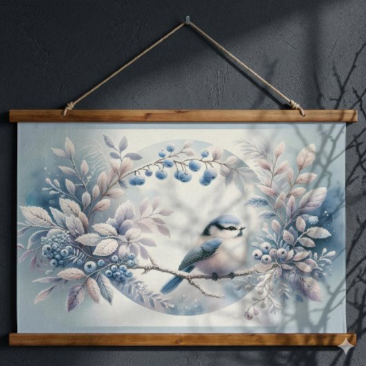 Winter Blauwe Vogel Beskrans Hangend Wandkleed