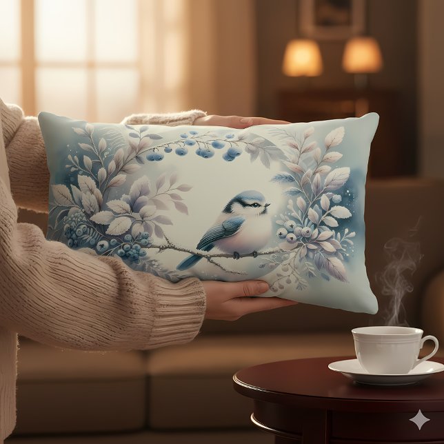 Winter Blauwe Vogel Beskrans Kussen (Winter Bluebird Berry Wreath Lumbar Pillow Mockup C)