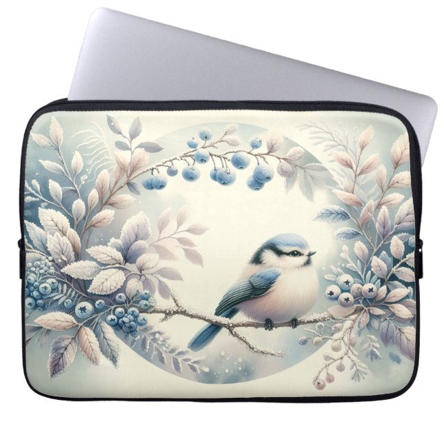 Winter Blauwe Vogel Beskrans Laptop Sleeve (Voorkant)