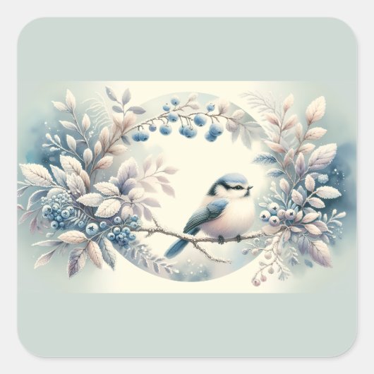 Winter Blauwe Vogel Beskrans Vierkante Sticker (Voorkant)