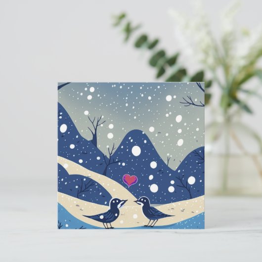 Winter Blauwe Vogels In Liefde Kerst Huwelijk Bedankkaart (Staand voorkant)
