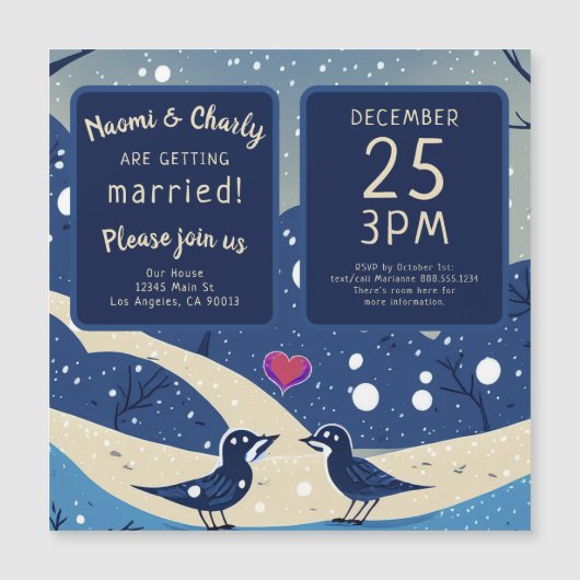 Winter Blauwe Vogels In Liefde Kerst Huwelijk Magnetische Uitnodiging (Voorkant)