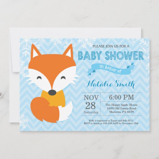 Winter Blauwe Vos Jongen Baby Shower Uitnodiging (Voorkant)