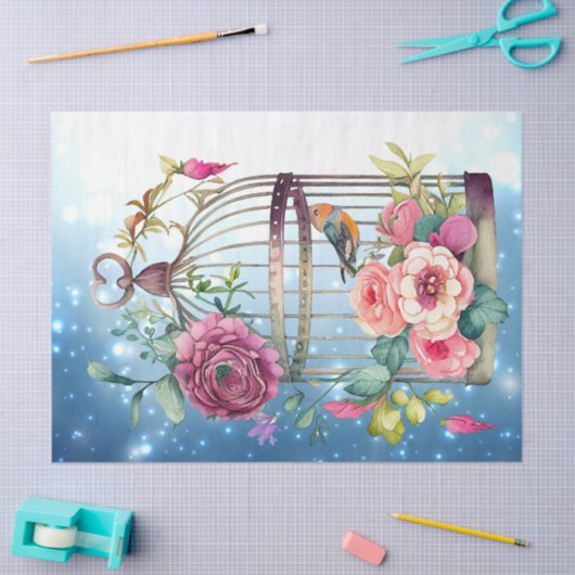 Winter Blauwe Waterverf Bloemen Vogelkooi Decoupag Tissuepapier (Craft)