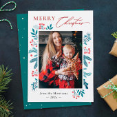 Winter Blauwgroen bladeren Floral Berries kerstfot Feestdagenkaart