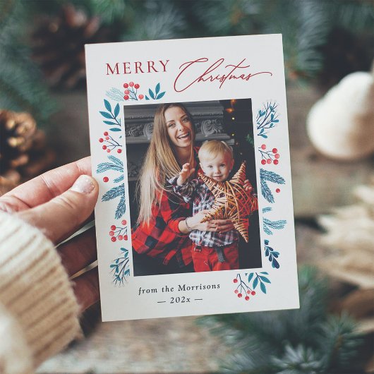 Winter Blauwgroen bladeren Floral Berries kerstfot Feestdagenkaart