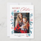 Winter Blauwgroen bladeren Floral Berries kerstfot Feestdagenkaart (Voorkant)