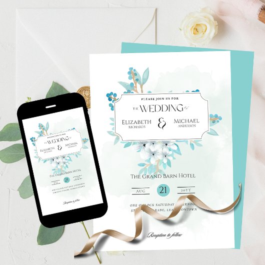 Winter Blauwgroen Floral Print of Digital Wedding Kaart