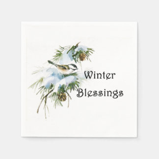 "Winter Blessings Paper Napkins Chickadee Snow" Servet