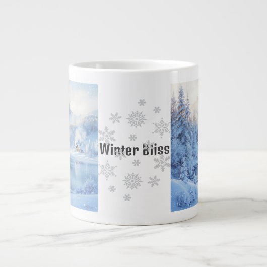 Winter Bliss Jumbo Mok – Gezellig sneeuwlandschap. (Voorkant)