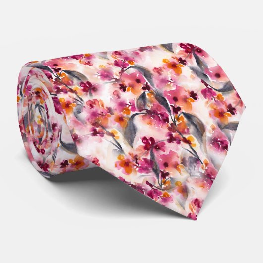 Winter Bliss Waterverf Bloemengrijs en Magenta Stropdas (Opgerold)