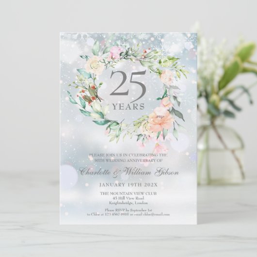 Winter Bloem 25e Zilveren Huwelijksjubileum Kaart (Staand voorkant)