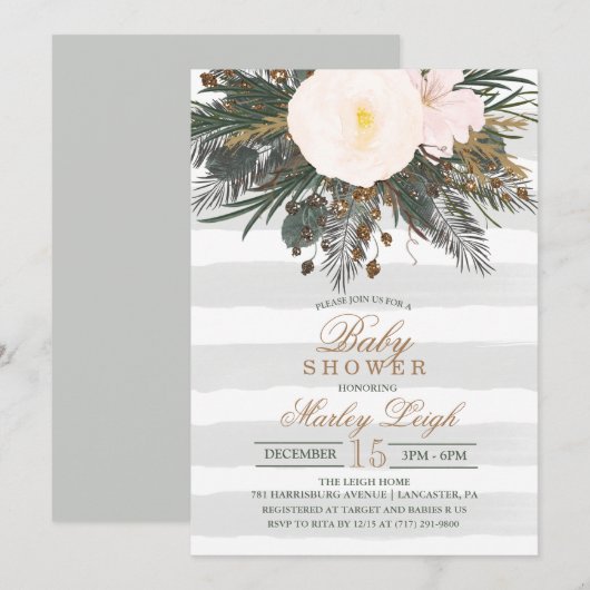 Winter Bloem Glitter Baby Shower Uitnodiging (Voorkant / Achterkant)