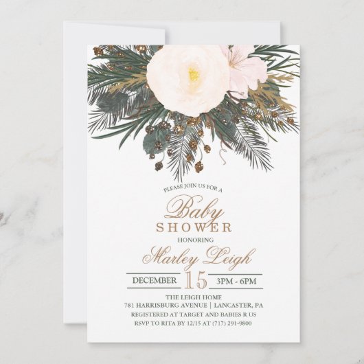 Winter Bloem Glitter Baby Shower Uitnodiging (Voorkant)