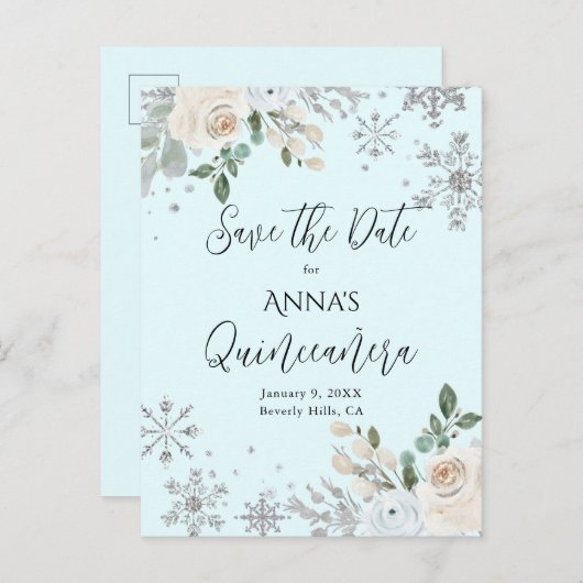 Winter Bloem Lichtblauwe Quinceanera Bewaar de Dat Briefkaart (Voorkant / Achterkant)