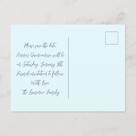 Winter Bloem Lichtblauwe Quinceanera Bewaar de Dat Briefkaart (Achterkant)